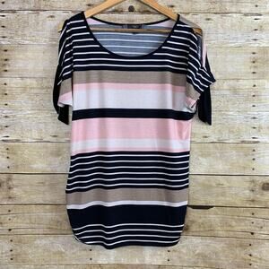 Tulla Bella Striped Maternity Top Womens Medium Pink Black Brown Stripes